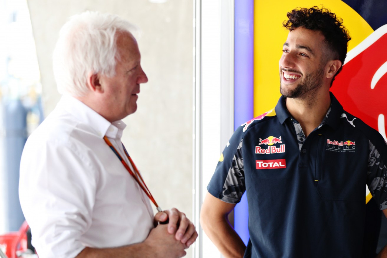 Charlie Whiting and Daniel Ricciardo share a moment when the Australian drove for Red Bull. 