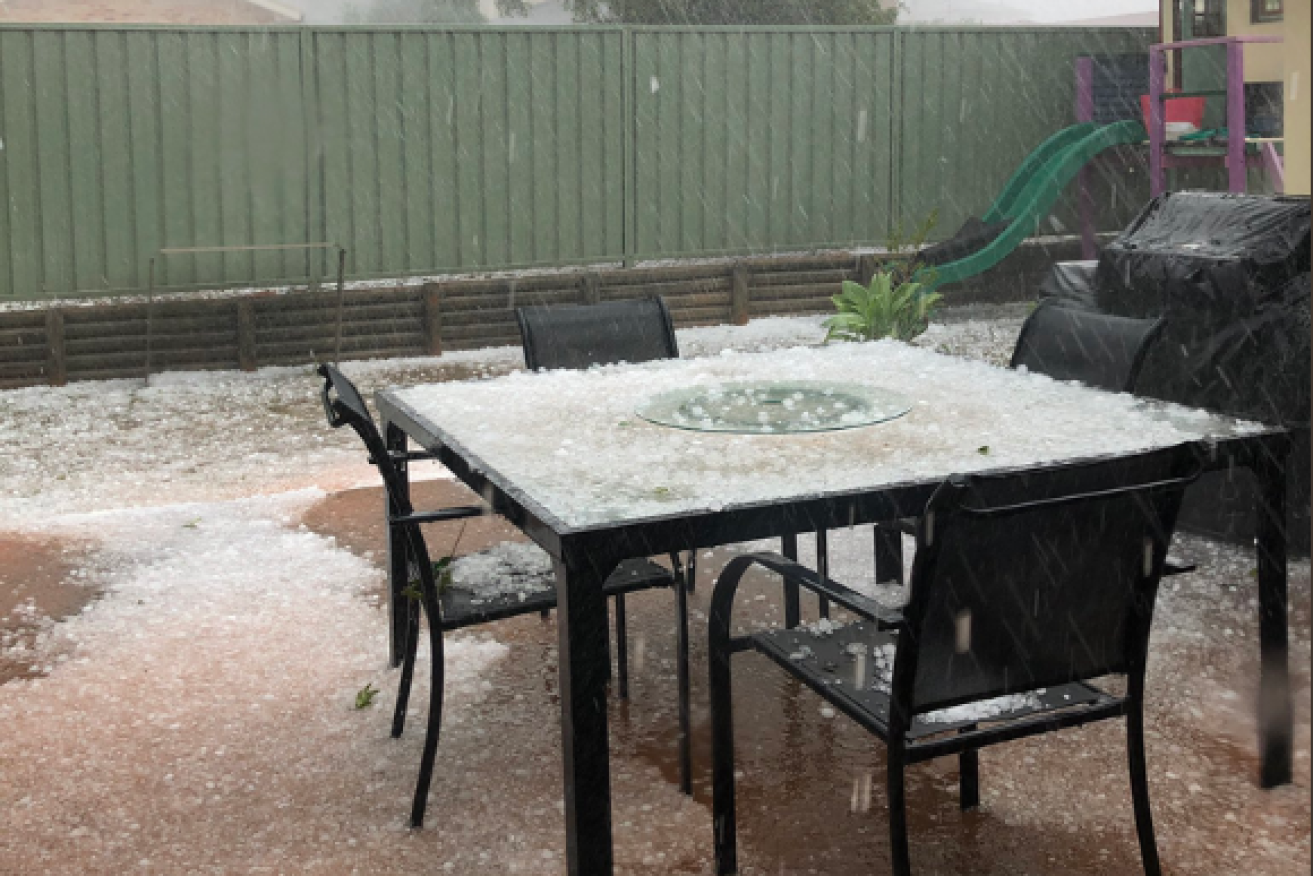 Hail wraps this suburban backyard in a blanket of white.