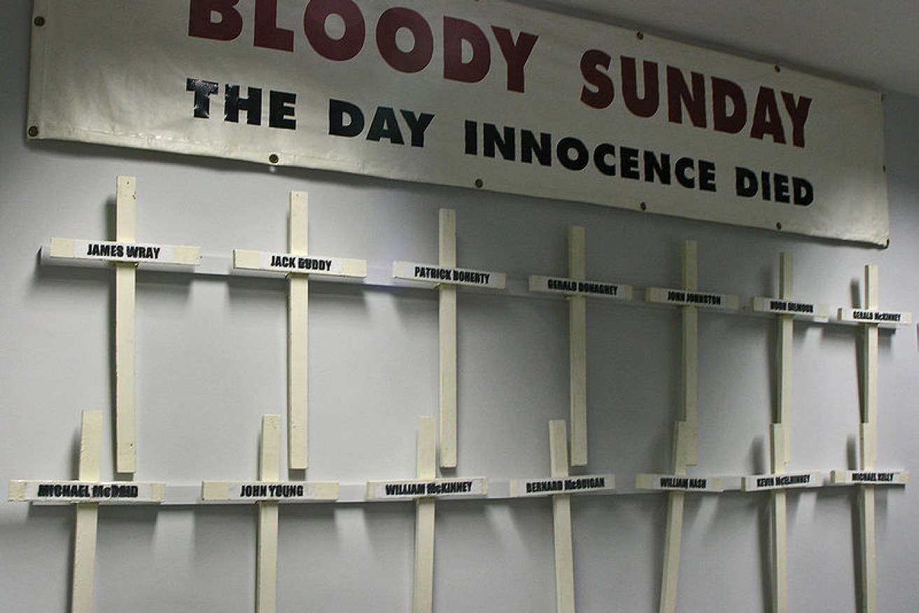 Banner and Crosses carried by the families of the Bloody Sunday victims on an annual commemoration march.