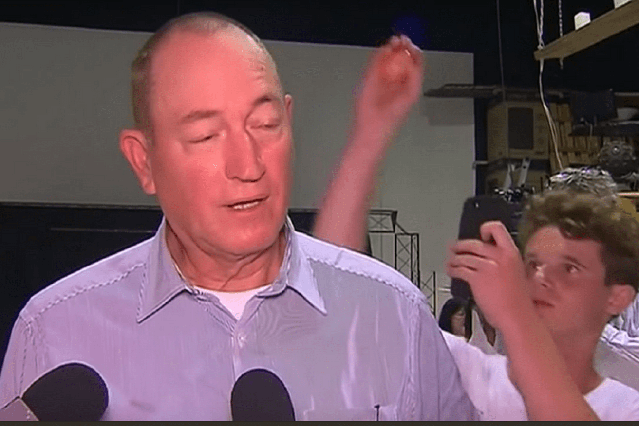 Senator Fraser Anning shares his anti-Muslim views a split second before the egging.