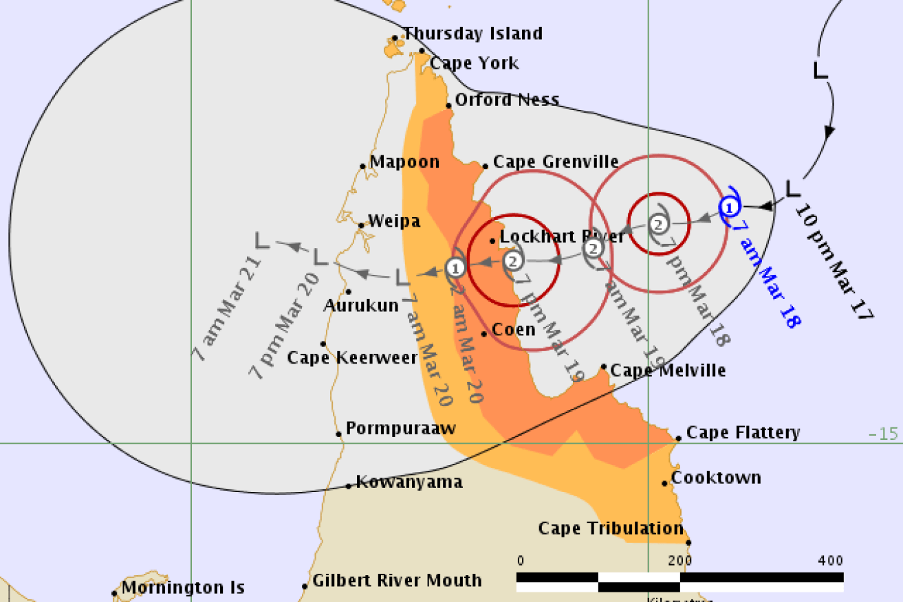 The BoM predicts Trevor will hit the far north Queensland coast on Tuesday night.