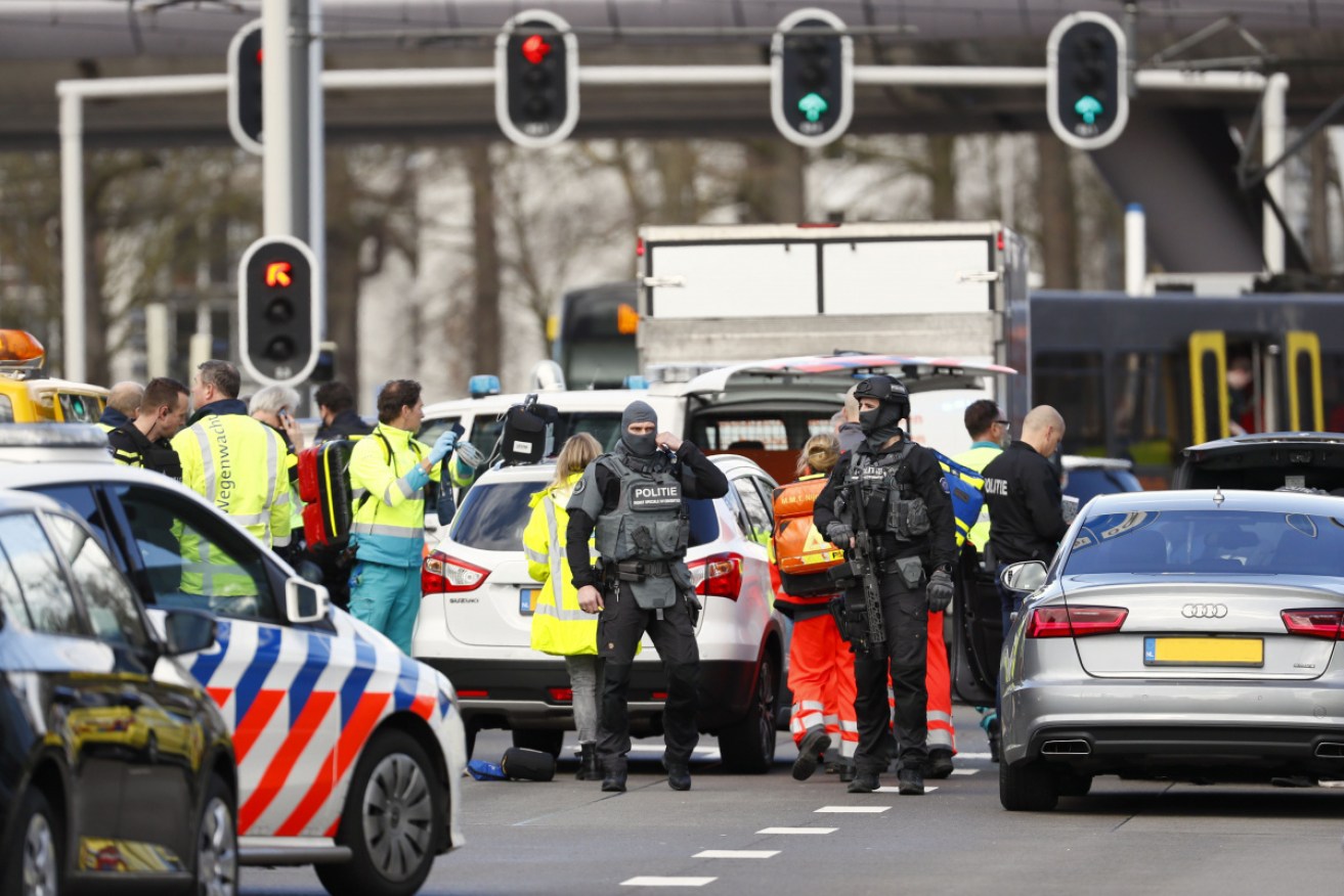 Police cordon off the area near the shooting on a tram in the Dutch city of Utrecht on Monday.

