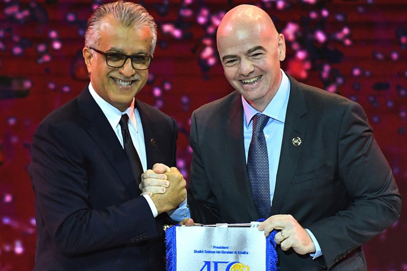 AFC president Salman bin Ebrahim Al Khalifa with FIFA president Gianni Infantino at the 2017 AFC Annual Awards in November 2017 at Bangkok, Thailand. 