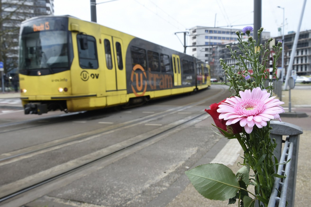 Flowers have been left in tribute to victims of the shootings in Utrecht. 
