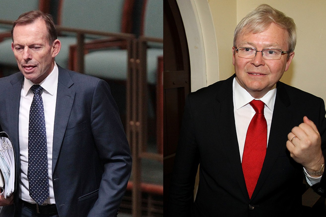 Former prime ministers Tony Abbott and Kevin Rudd have both been caught out by surplus promises.