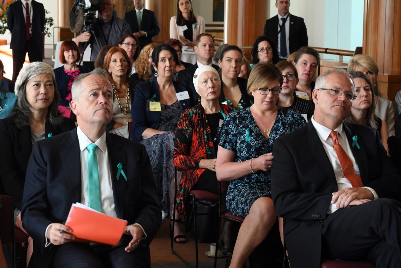 Opposition Leader Bill Shorten and Prime Minister Scott Morrison attend an ovarian cancer event at Parliament House.