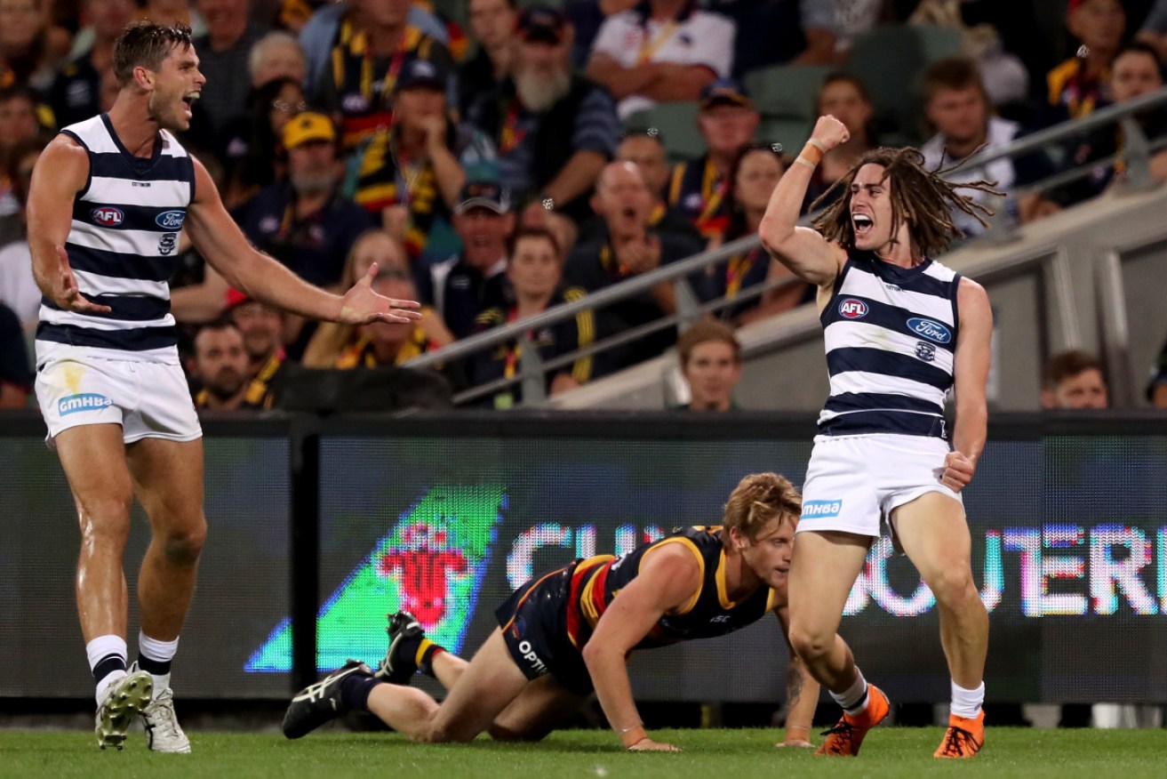 Geelong's Gryan Miers floors the Crows with a goal at Adelaide Oval.