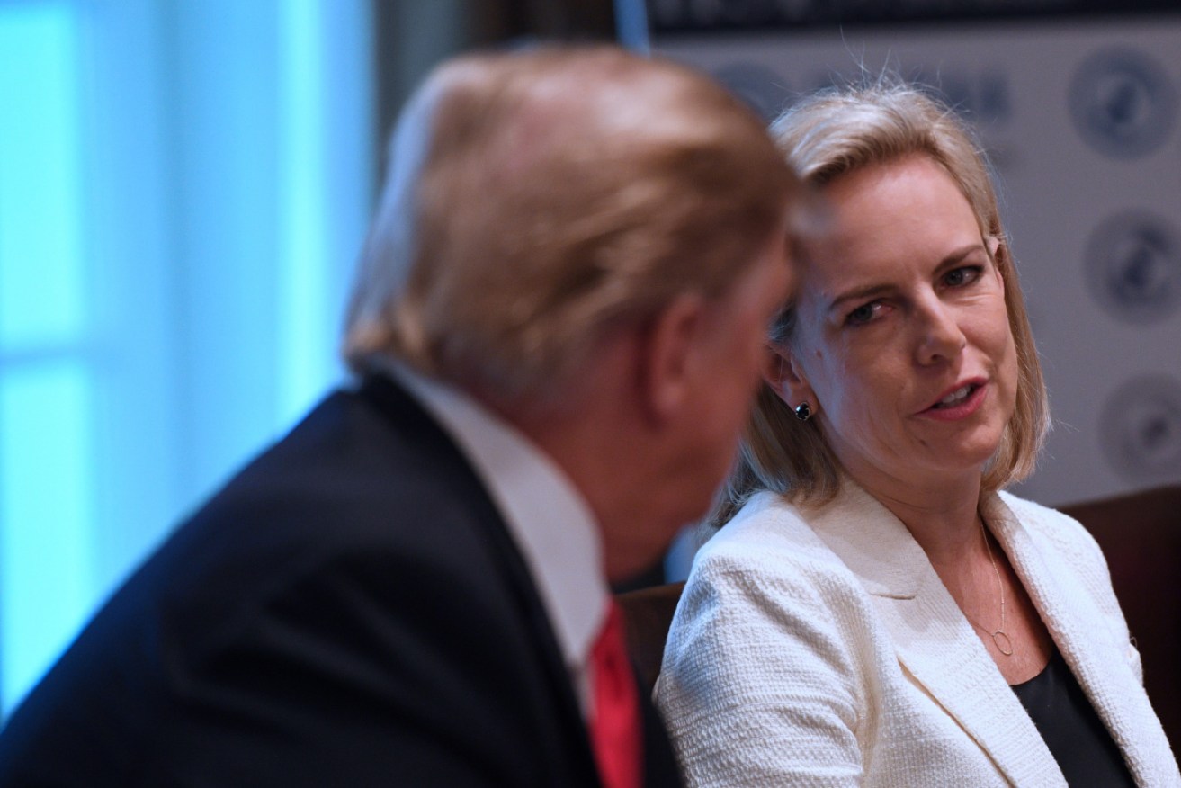 Donald Trump with US Homeland Security secretary Kirstjen Nielsen who was forced to resign. 