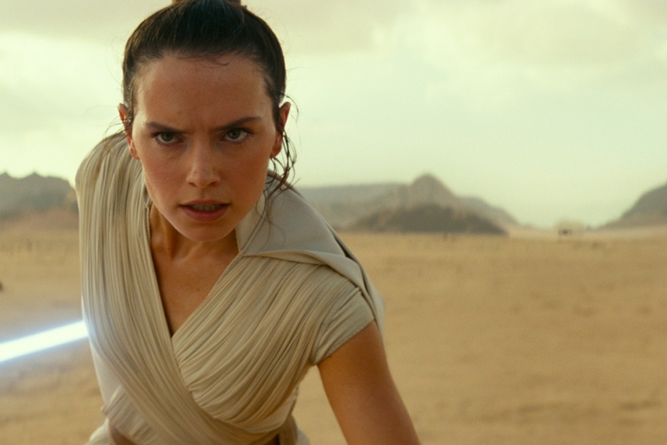 Actor Daisy Ridley as Rey in a scene from <i>Star Wars: Episode IX</i>.