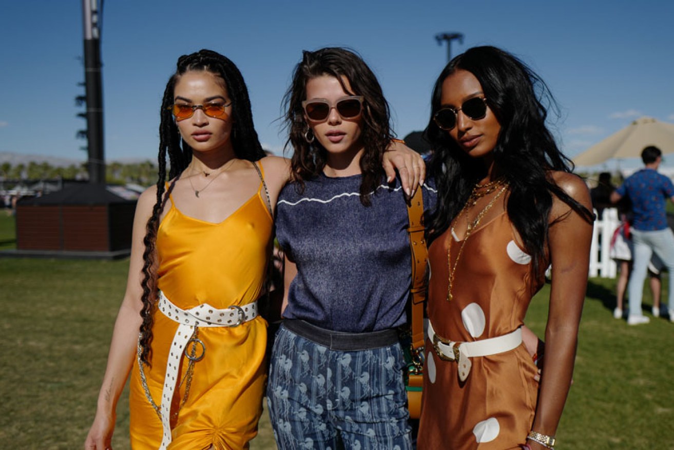 Models Shanina Shaik, Georgia Fowler and Jasmine Tookes at the 2019 Coachella Festival in California.