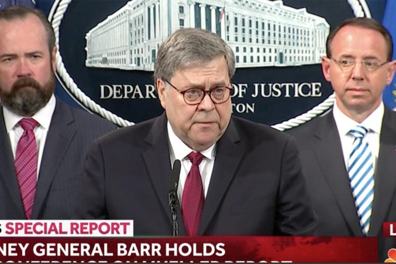 US Attorney-General William Barr addresses the media in Washington DC on Thursday. 