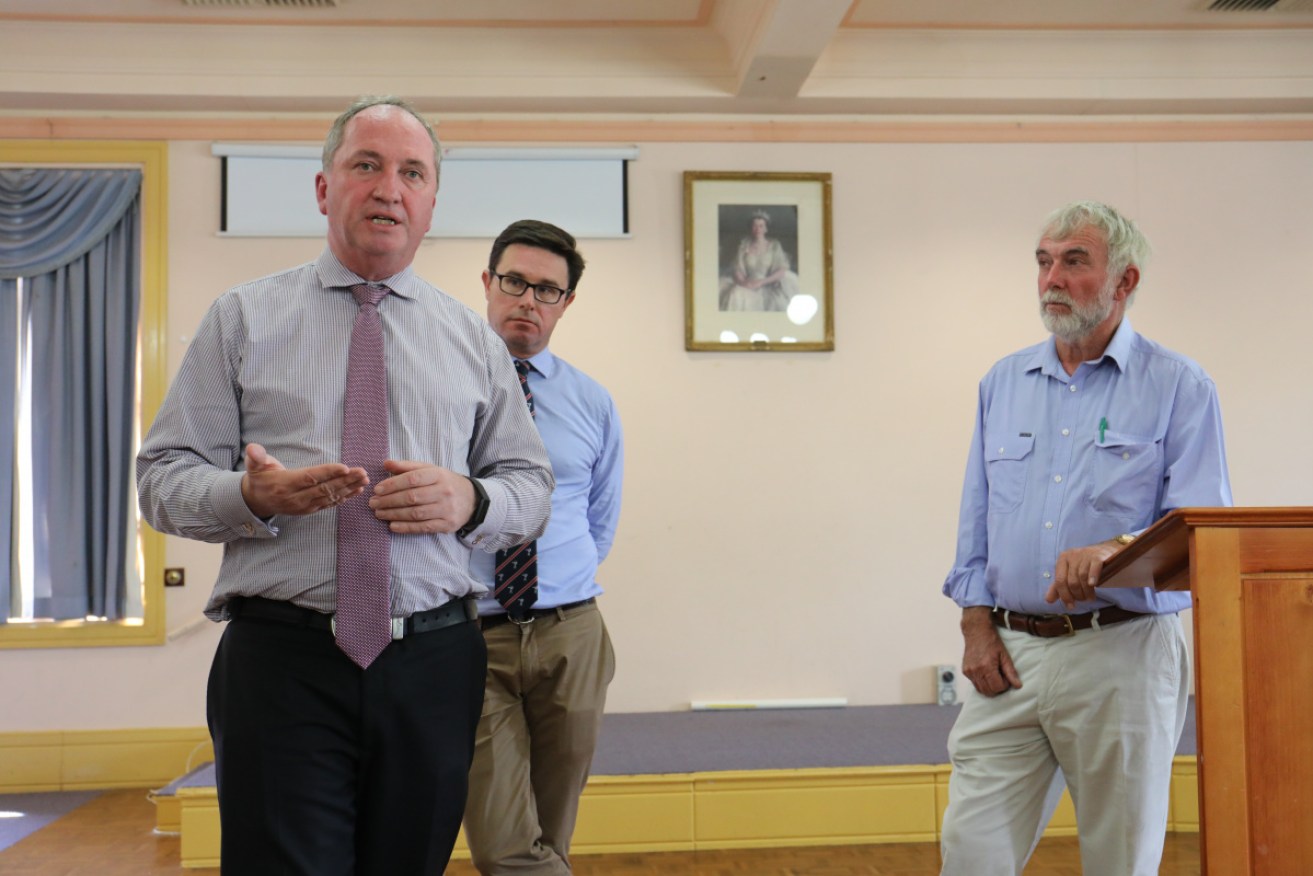 Barnaby Joyce (left) address a community drought forum in Tamworth, with Agriculture Minister David Littleproud, in Tamworth on Tuesday.