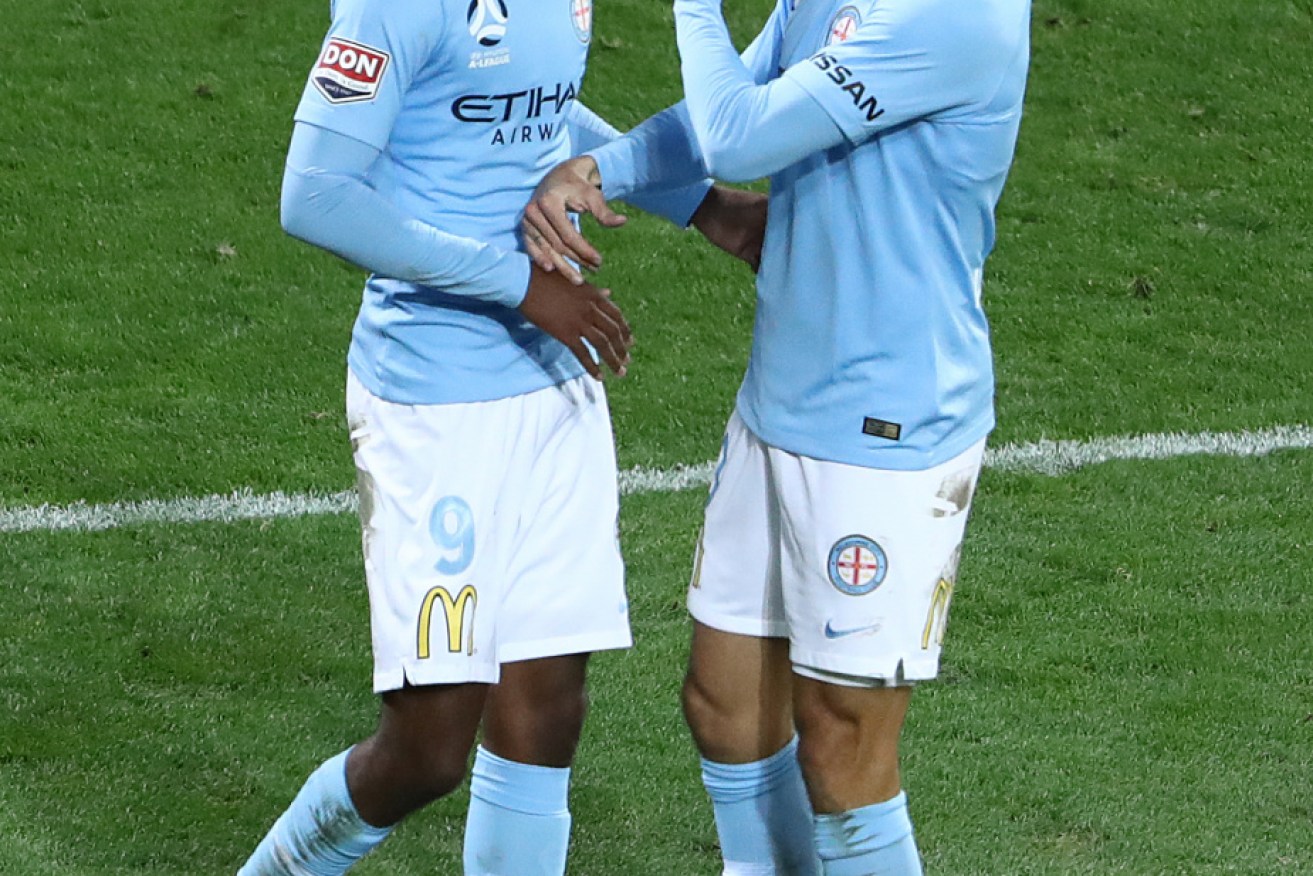 Shayon Harrison of  Melbourne City celebrates with Dario Vidosic after scoring a goal. 