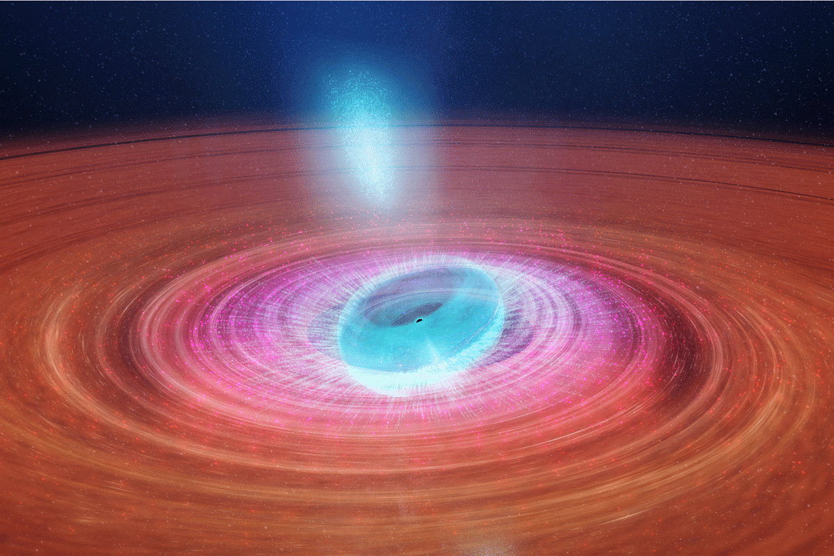 An artist’s impression of jet ejections coming from stellar-mass black hole V404 Cygni. 