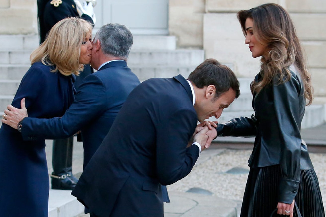 Brigitte and Emmanuel Macron greet King Abdullah II of Jordan and his wife Queen Rania on March 29.