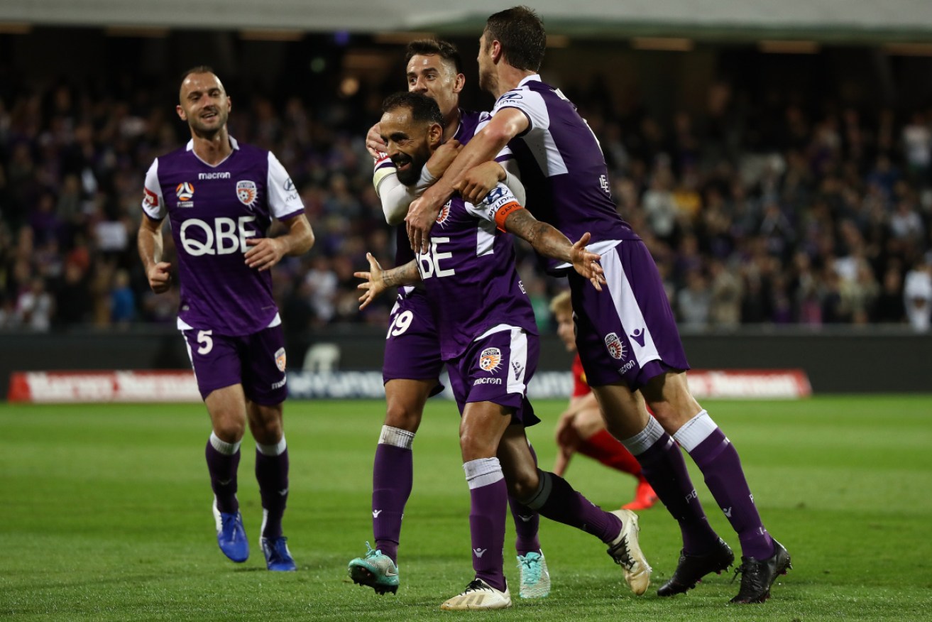 Diego Castro of the Glory celebrates a goal  during the tight semi-final against Adelaide United.  