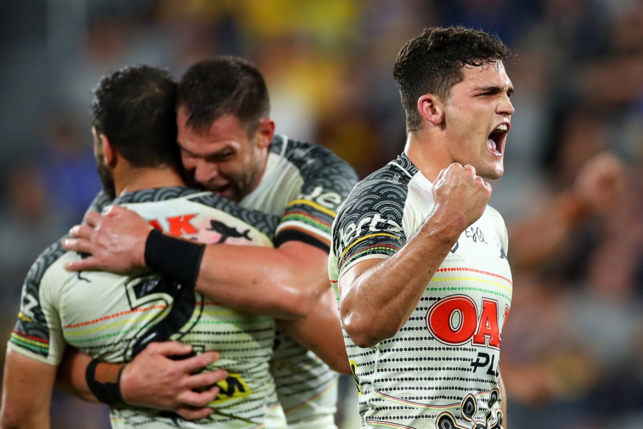 Nathan Cleary celebrates the Panthers win against the Eels. 