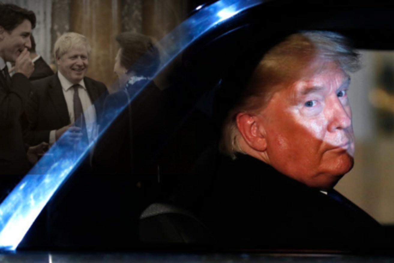 Donald Trump leaves Downing Street (front) after dramas including Justin Trudeau's hot-mic moment (back). 