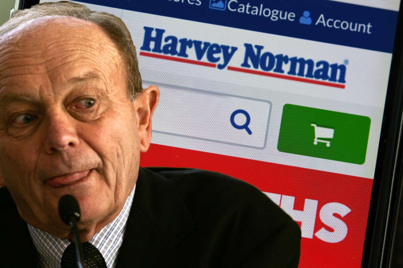 Harvey Norman, chaired by Gerry Harvey, has posted a 45.7 per cent fall in interim pre-tax profit.