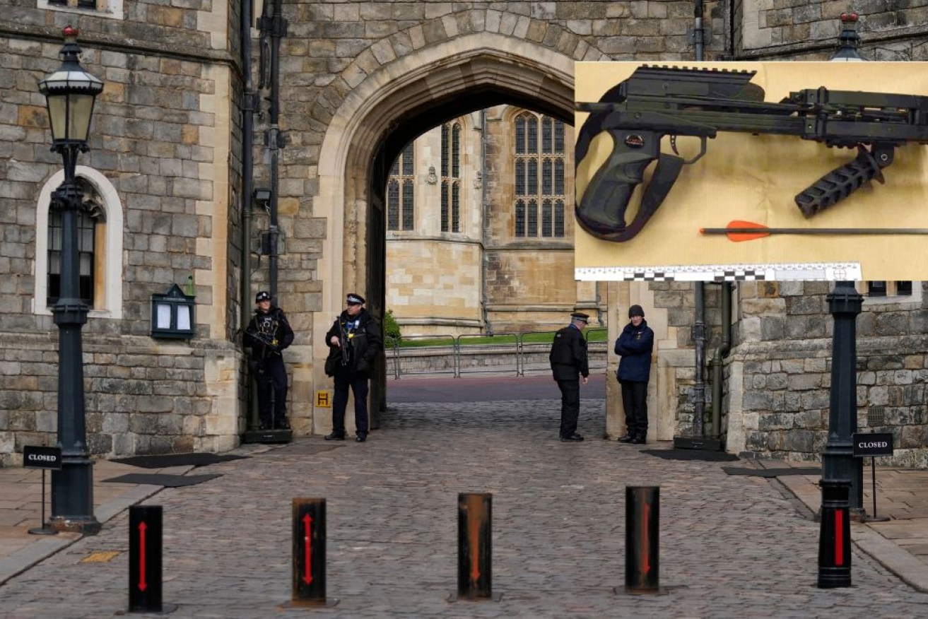 The masked intruder scaled Windsor Castle with a crossbow (inset). 