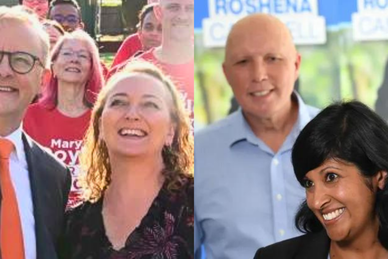 Anthony Albanese with Mary Doyle and Peter Dutton with Roshena Campbell. Photo: AAP