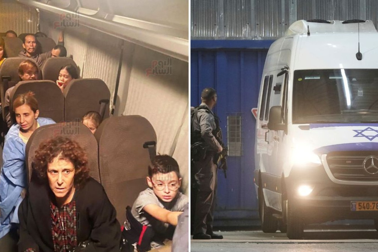 Israeli and Thai hostages on a bus during their release (left) and a bus holding Palestinian prisoners (right). 