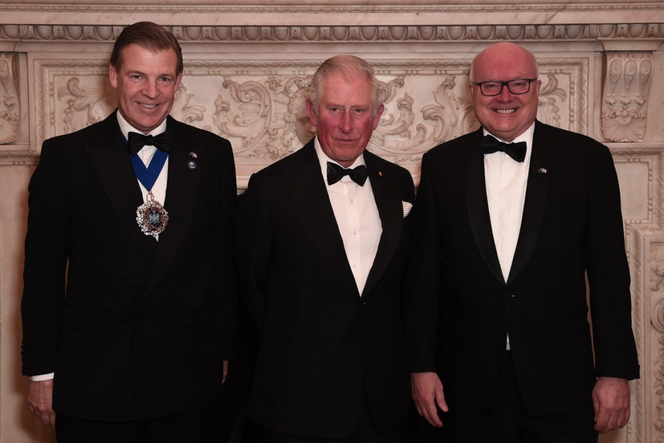 The Prince of Wales with London mayor, William Russell (left) and the High Commissioner for Australia, George Brandis (right).