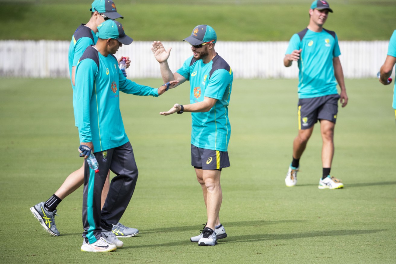 Australian Cricketers David Warner and Usman Khawaja at the World Cup Training Camp at Allan Border Field in Brisbane.