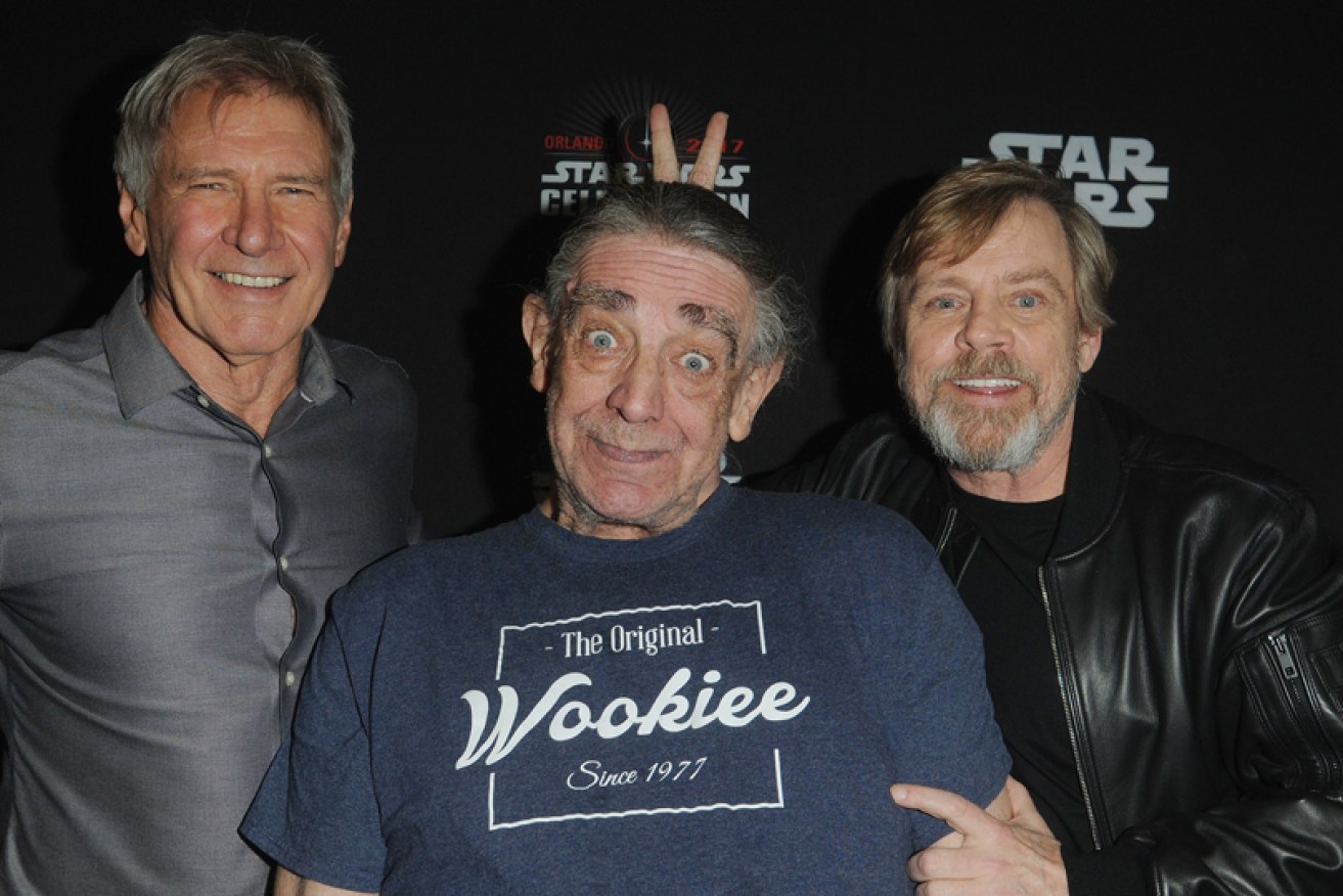 Harrison Ford, Peter Mayhew and Mark Hamill at an event for 40 years of <i> Star Wars</i> in April 2017.
