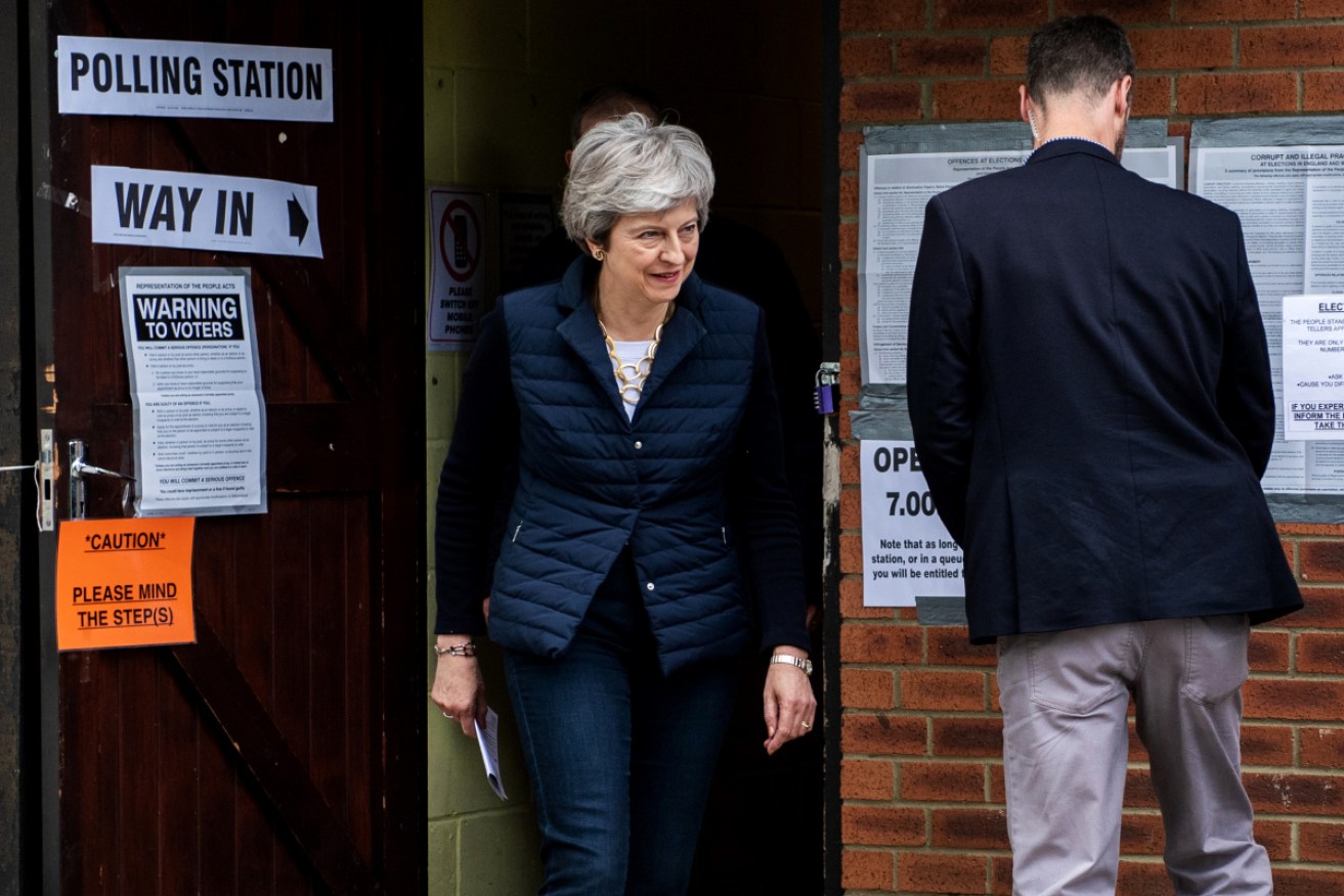 British Prime Minister Theresa May at a polling station in the local council elections on May 2 in Sonning, England. 