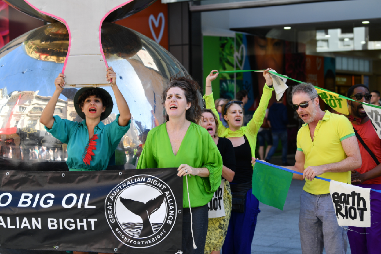 Protesters converge on Adelaide's Rundle Mall  to denounce Equinor's plans to drill in the Great Australian Bight, 