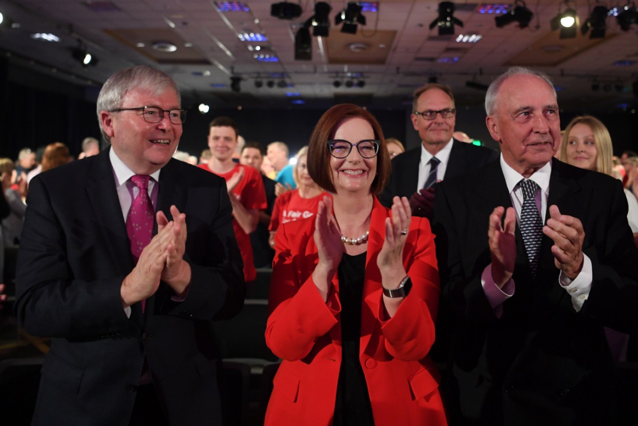 Former Australian Prime Ministers Kevin Rudd, Julia Gillard and Paul Keating at the Labor Party campaign launch. 
