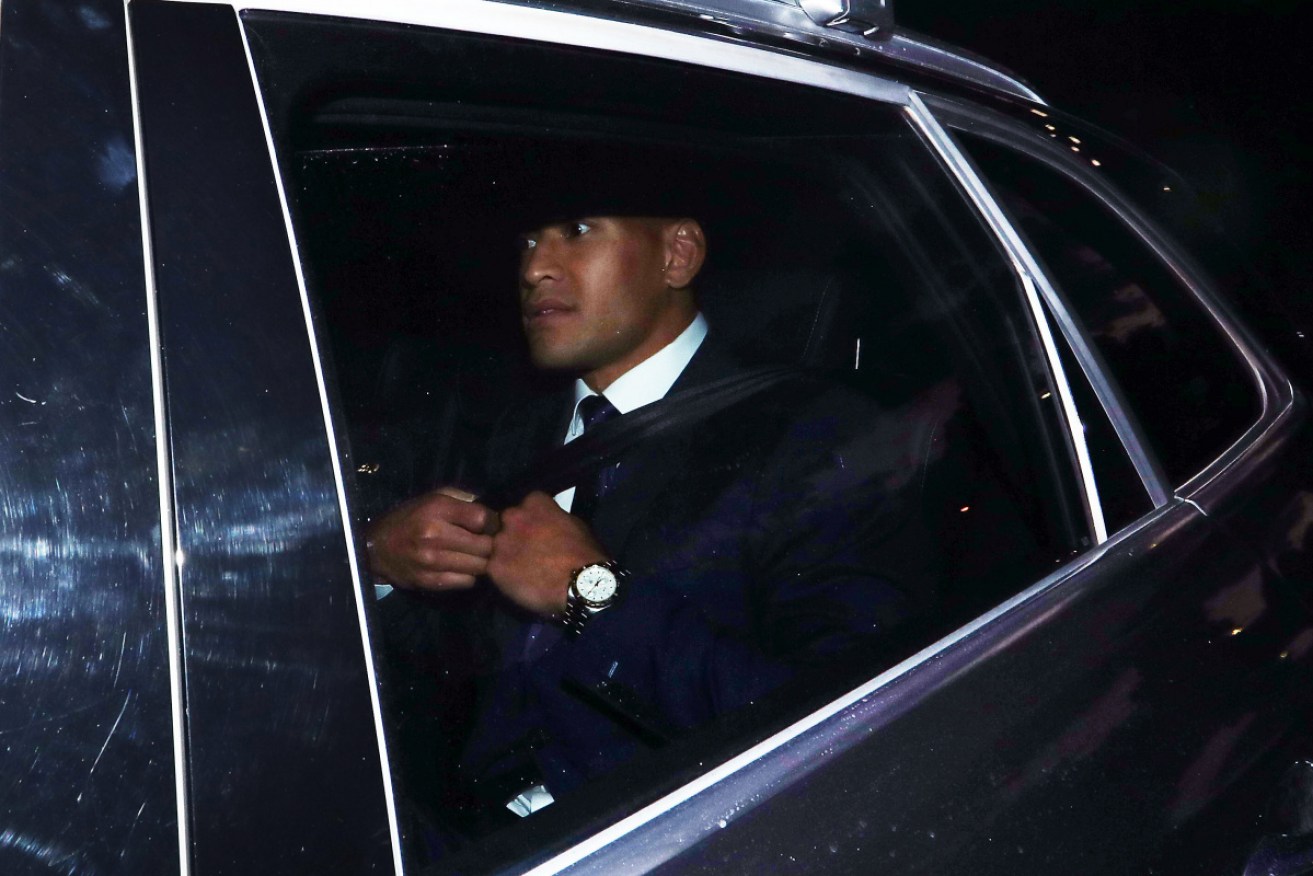 Israel Folau arrives at Rugby Australia's Sydney headquarters at the weekend for the first days of his conduct hearing.