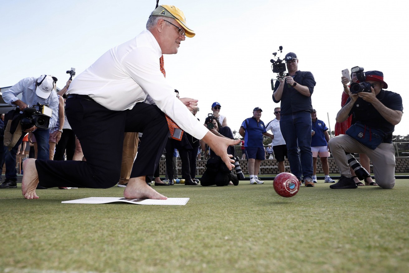 Barefoot bowling speciialist? Scott Morrison at Torquay bowls club in south west Victoria. 