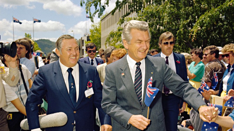Bob Hawke celebrates following the 1983 election.