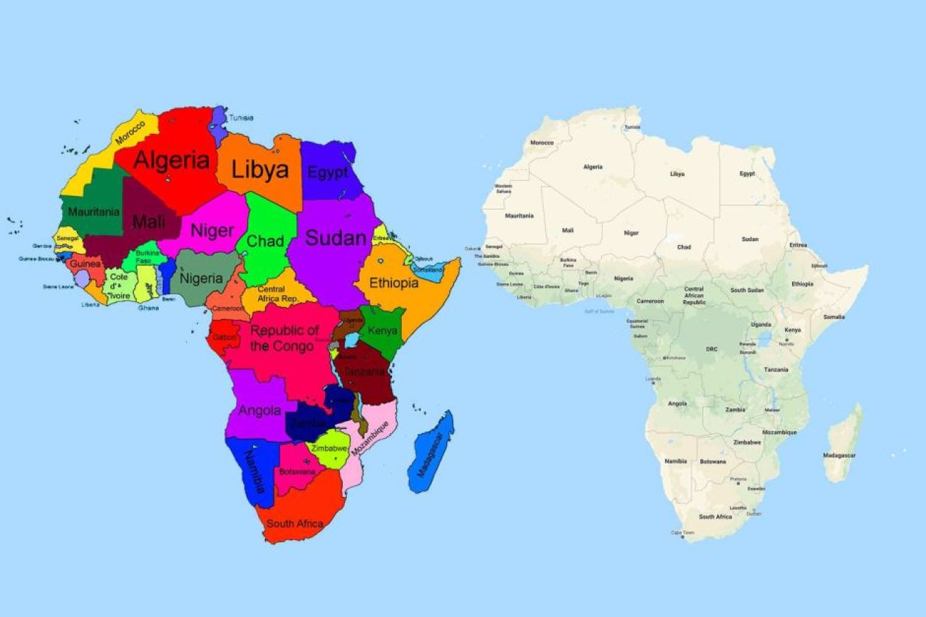 An inaccurate map of Africa alongside a geographically correct version.