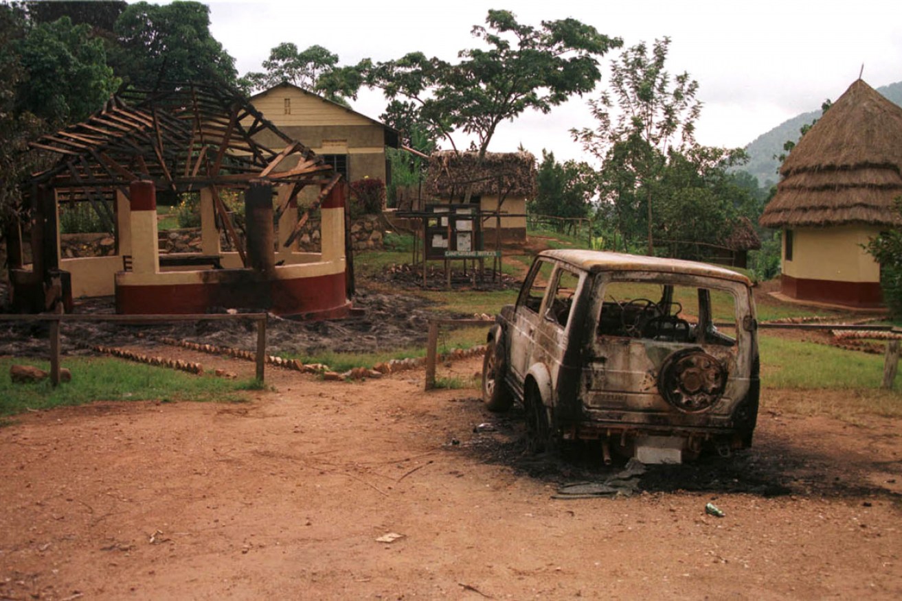 The burned out Ugandan village where eight foreigners were hacked to death in 1999.
