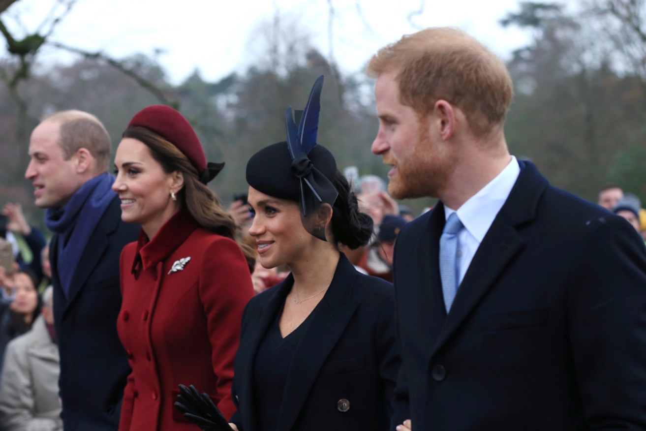 They way they were: Prince William and Kate Middleton with Meghan Markle and Prince Harry on Christmas Day 2018.
