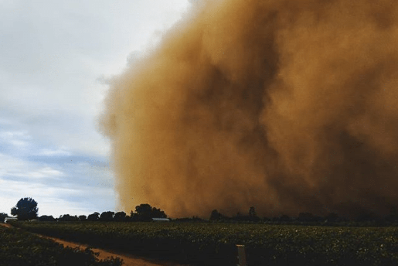 A dust storm rolls through the northern Victorian city of Mildura in May 2019.