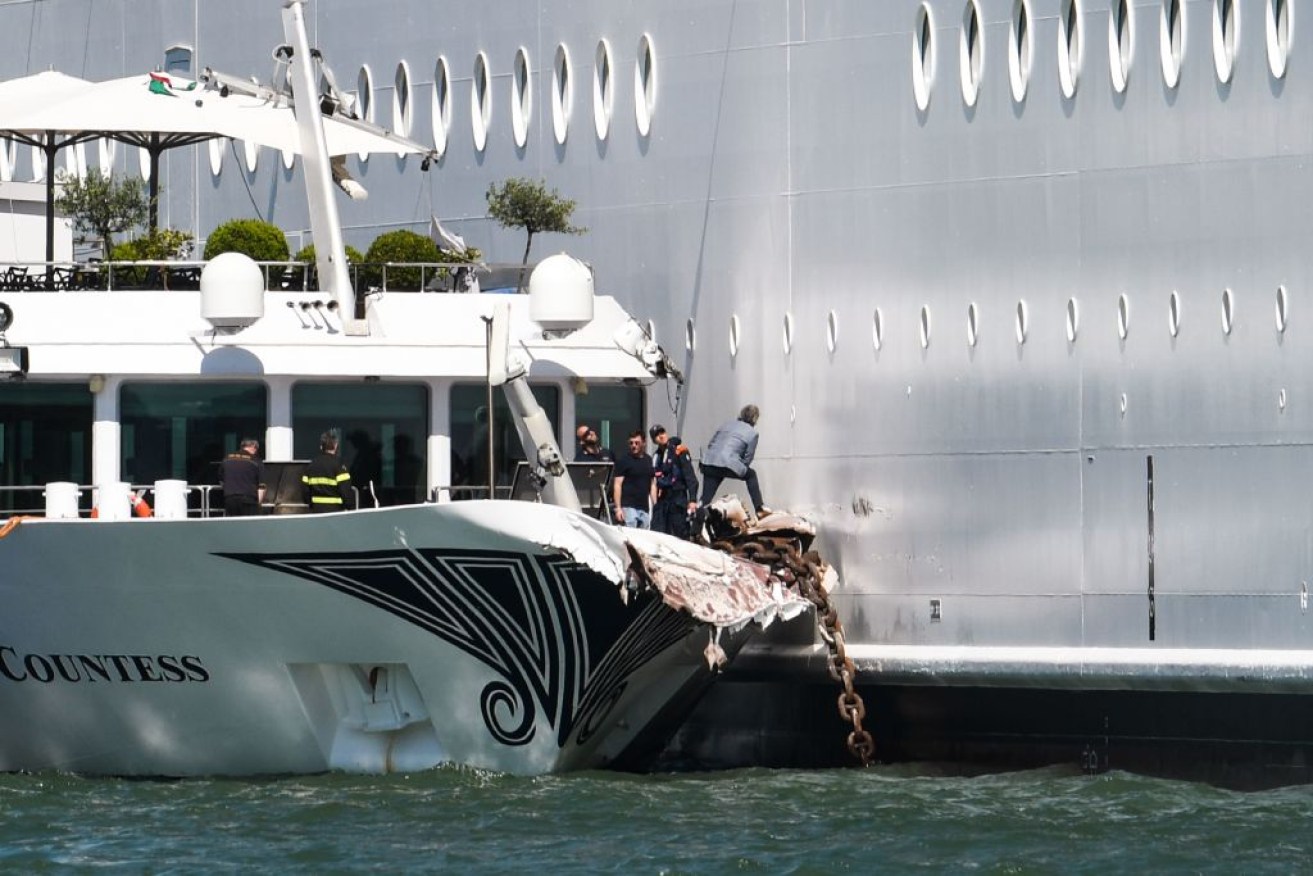 The damaged <i>River Countess </i>tourist boat is pictured after it was hit early on June 2, by the <i>MSC Opera </i> that lost control as it was coming in to dock in Venice, Italy. 