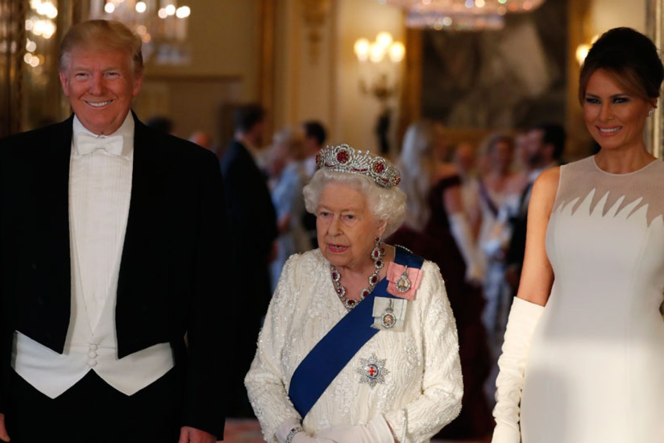 Donald Trump, Queen Elizabeth and Melania Trump at the Buckingham Palace state banquet on June 3.