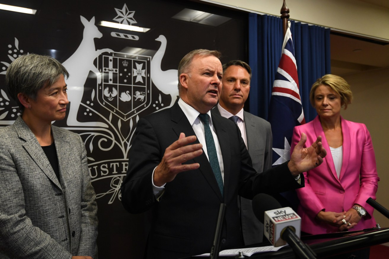 Penny Wong, Anthony Albanese, Richard Marles and Kristina Keneally after their first shadow cabinet meeting on Tuesday. 