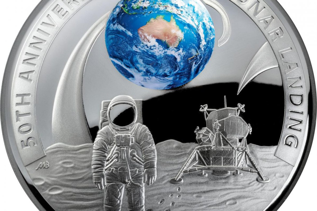 The Australian mint has announced a new collection to mark 50 years since Australia's involvement in the moon landing, including this $5 Nickel Plated Fine Silver Proof Domed Coin.