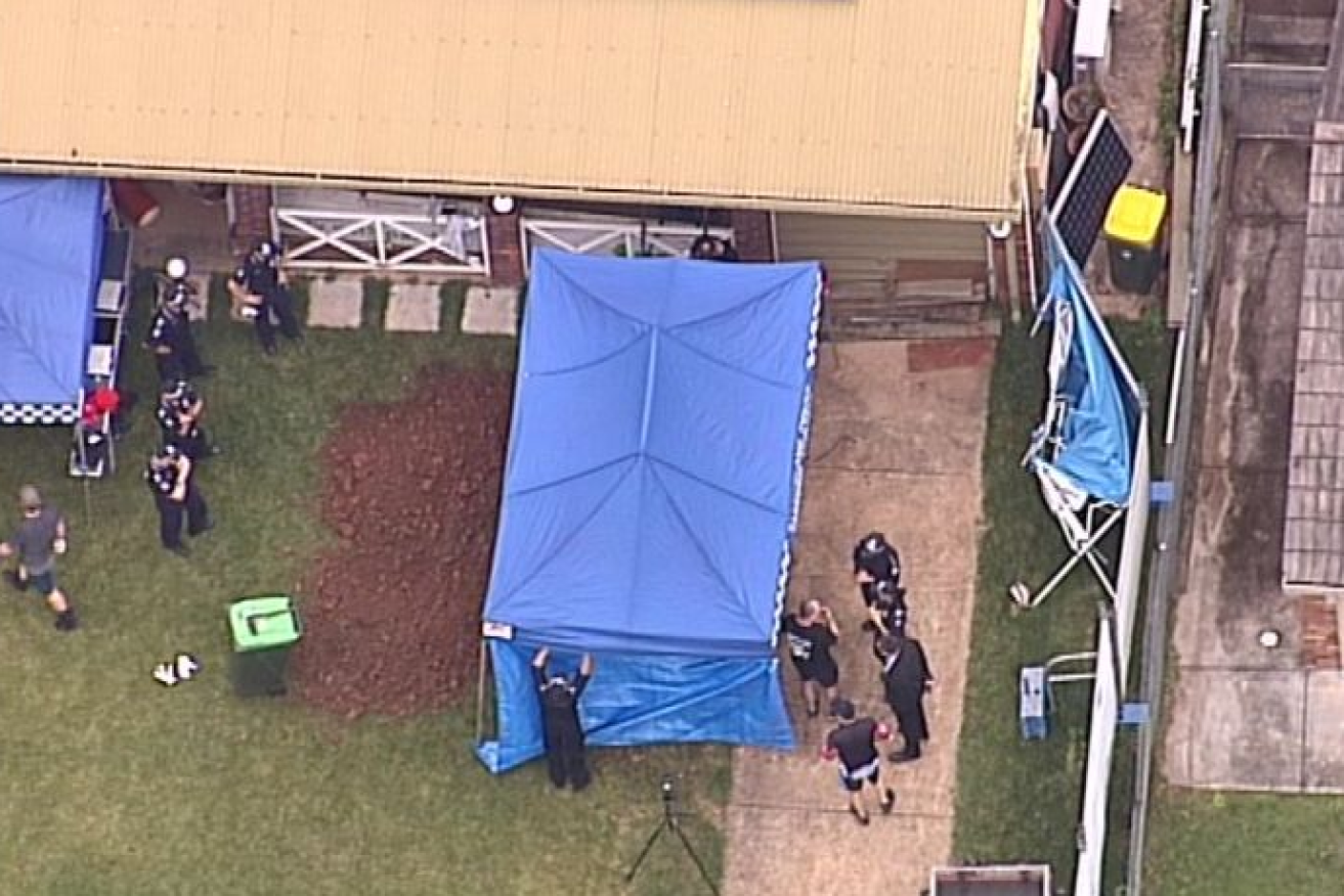 The blue tent marks the excavation site where sniffer dogs detected a possible body