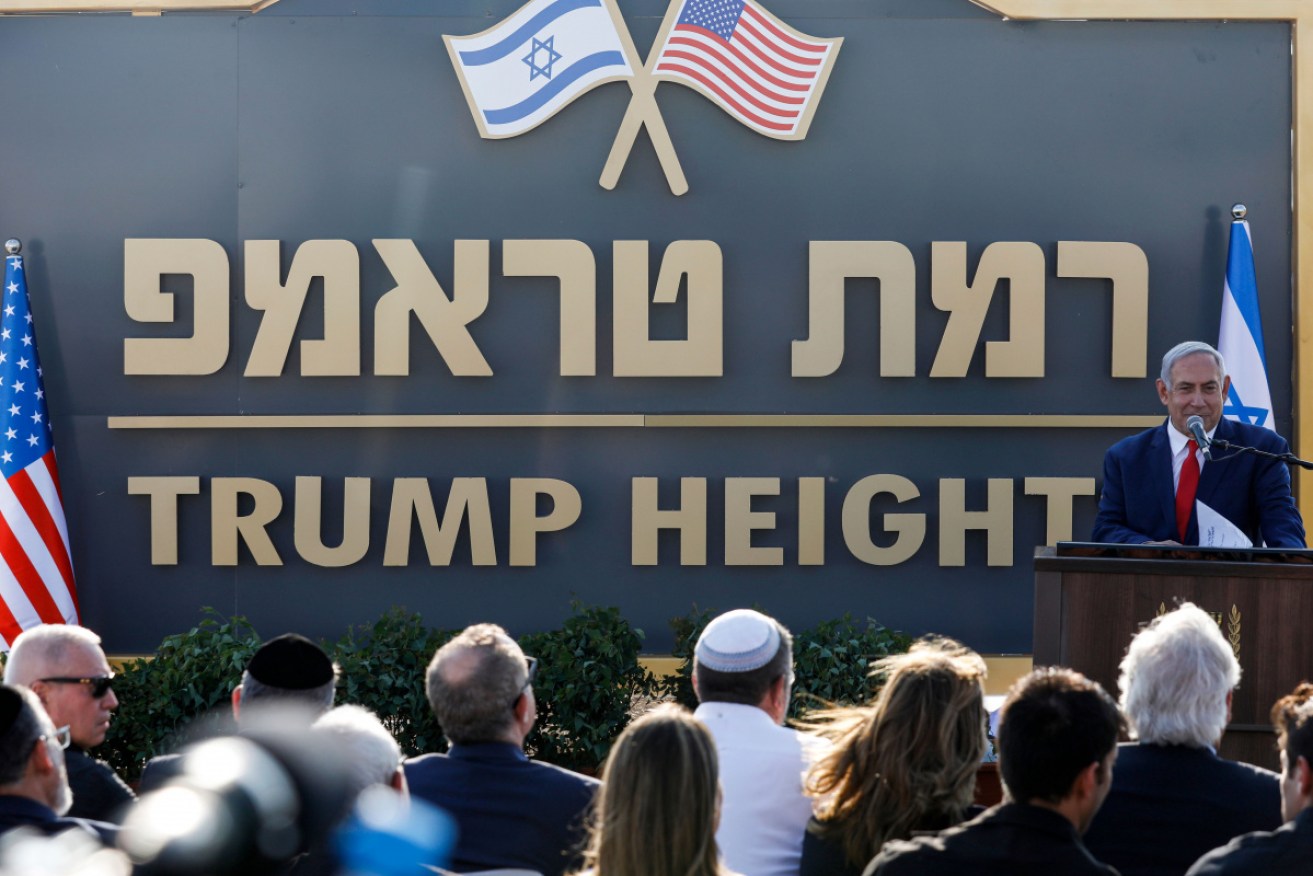 Israeli PM Benjamin Netanyahu at Sunday's naming ceremony at Trump Heights.