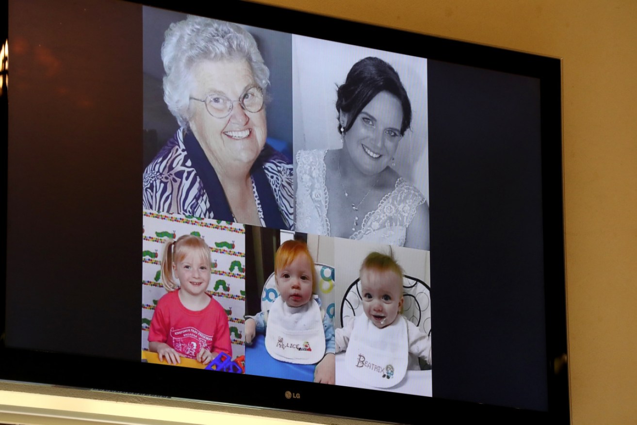 Beverley Quinn, Mara Harvey, and daughters, Charlotte, Alice, and Beatrix on display during their funerals in Perth last year.
