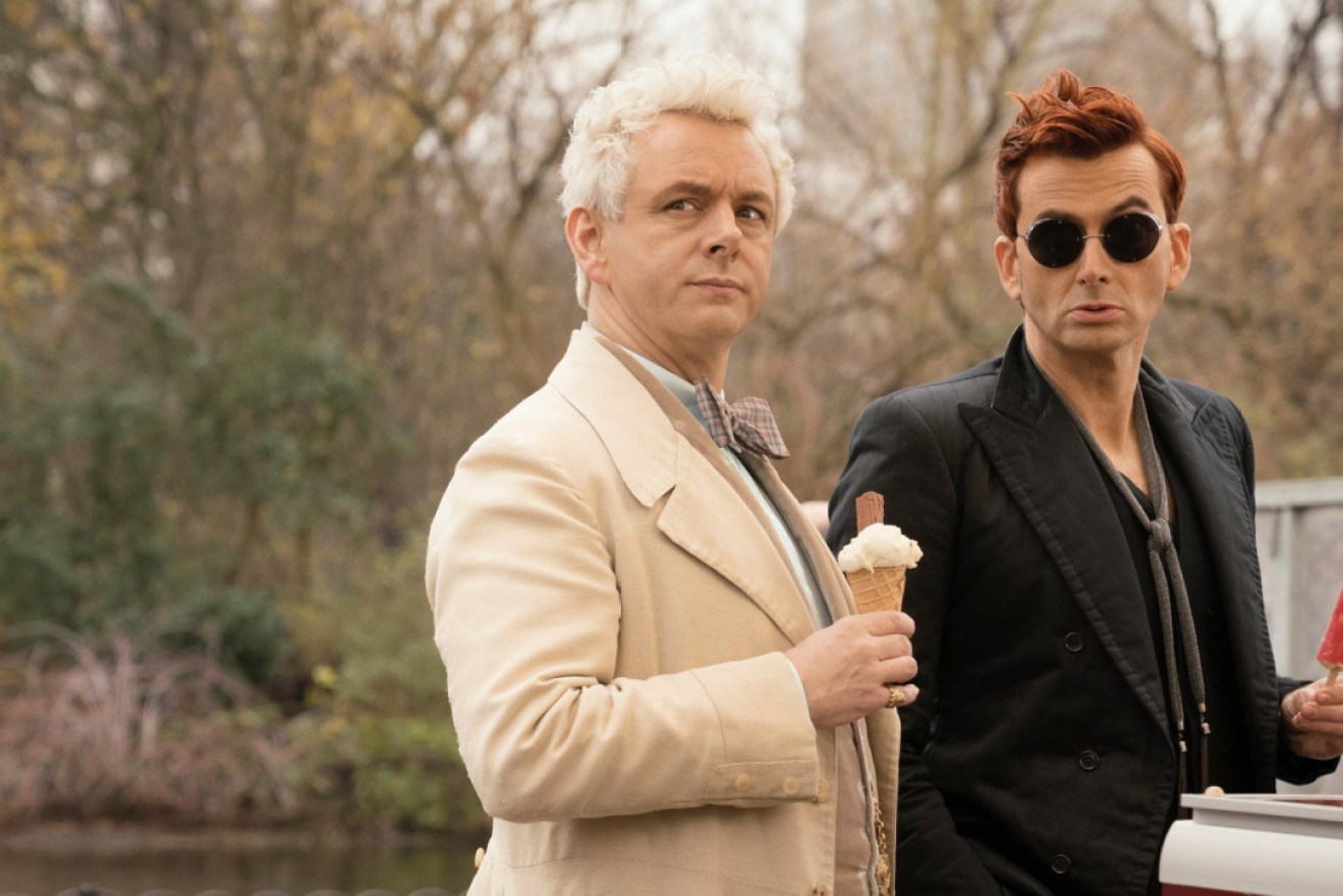 Michael Sheen as Aziraphale and David Tennant as Crowley in Good Omens. 