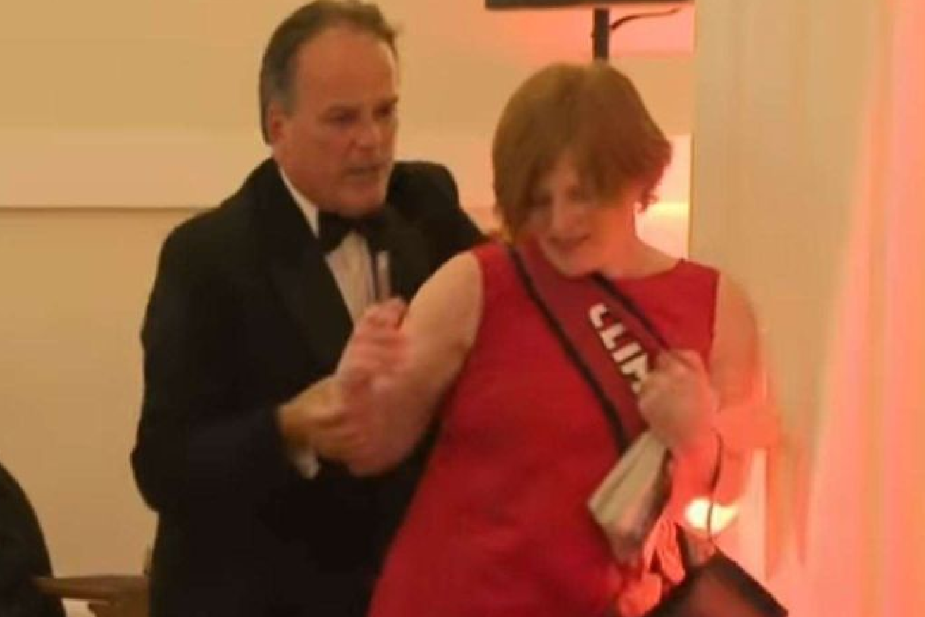 Mark Field shows the Greenpeace activist no mercy at the London dinner.