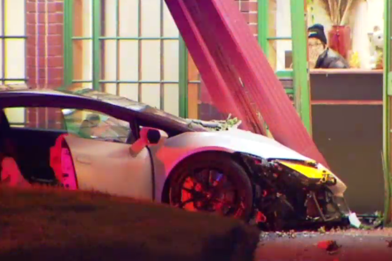 The crumpled wreck of the $328,000 Lamborghini where it came to rest and a teenage girl lost her life.