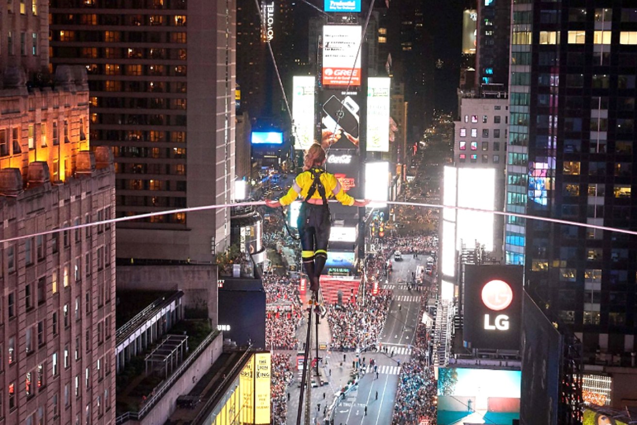 Lijana Wallenda high above Times Square.